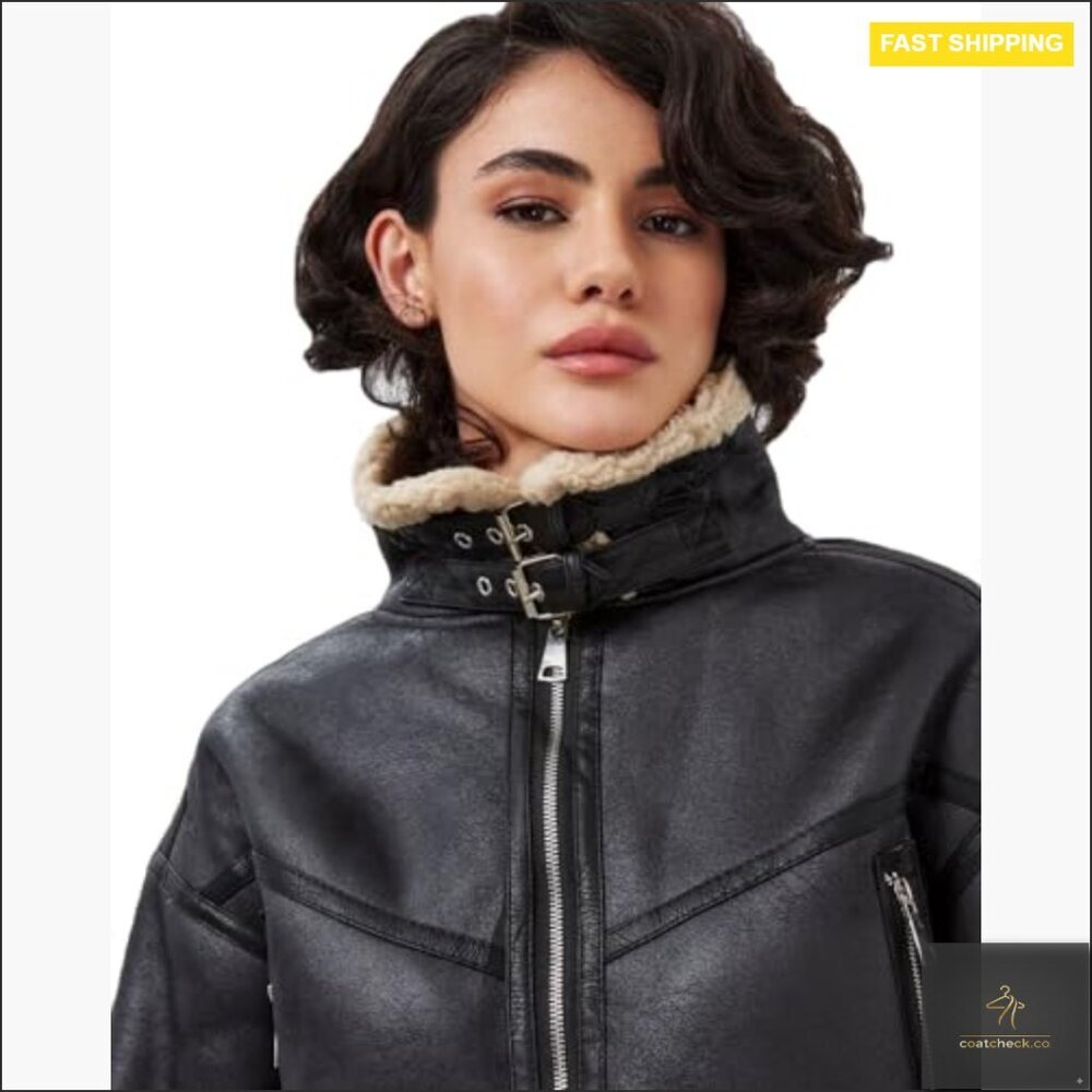 Faux Leather Aviator Bomber Jacket with Sherpa Lining, Winter Coat - Picture 4 of 7